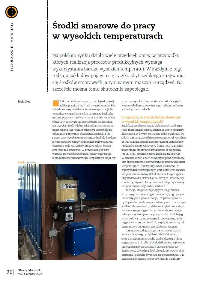 Smarowanie smarami wysokotemperaturowymi - artykuł TriboTec