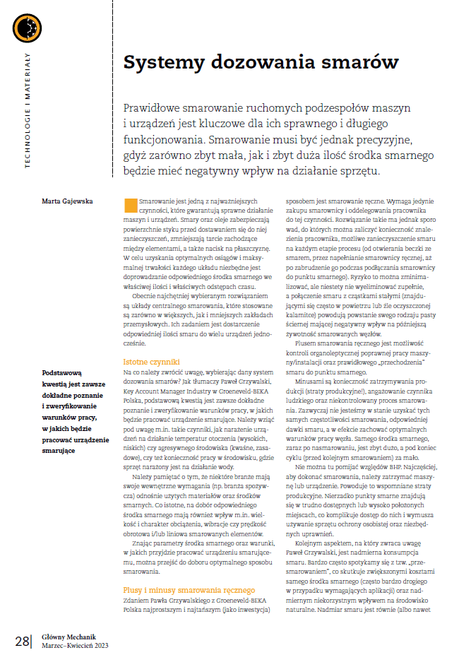 Systemy dozowania smarów - artykuł TriboTec